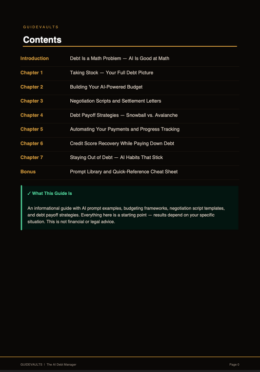Table of contents for a financial guide on a black background