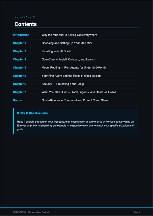 Table of contents for a guide on setting up and using a Mac Mini, with a black background and white text.
