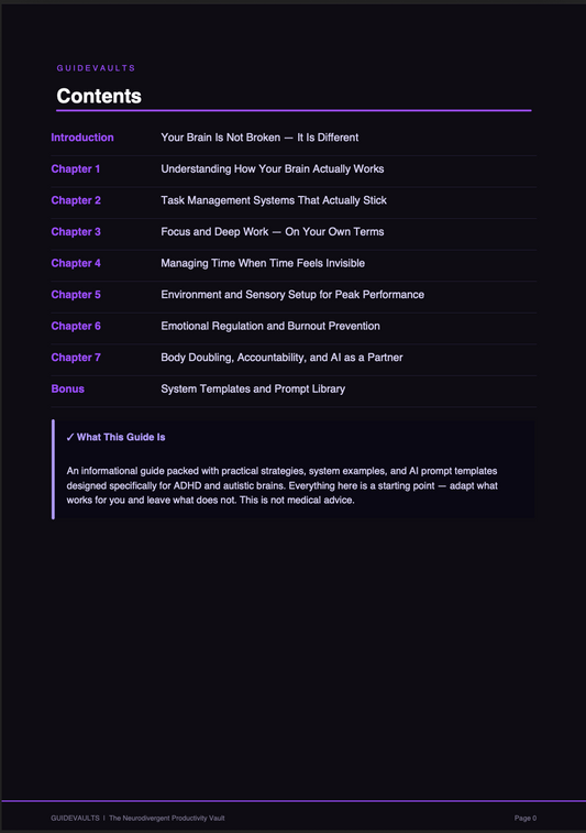 Table of contents for a guide on productivity and brain function with a black background.