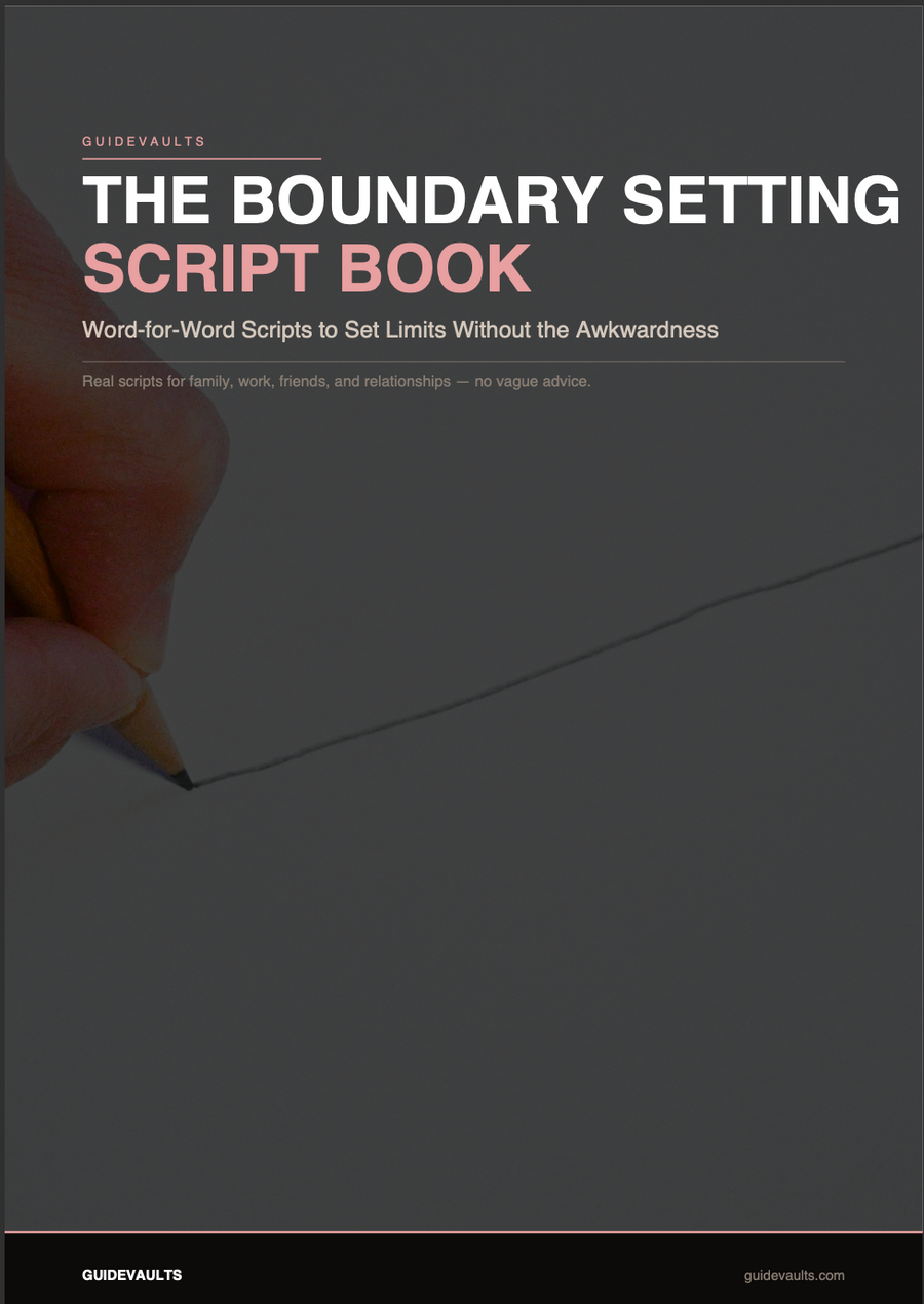 Book titled 'The Boundary Setting Script Book' with a hand holding a pencil on a dark background.