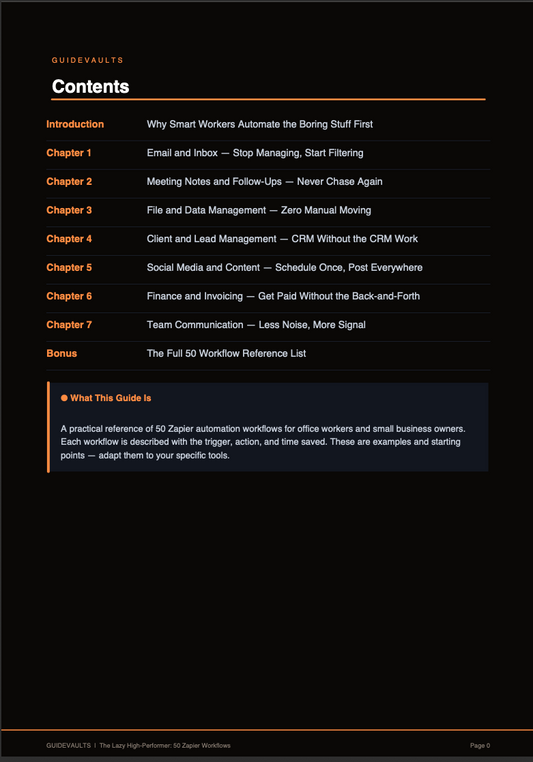 Table of contents for a guide on workflow automation with a black background and white text.