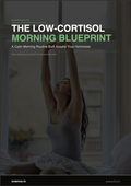 Woman stretching in bed with 'The Low-Cortisol Morning Blueprint' text overlay