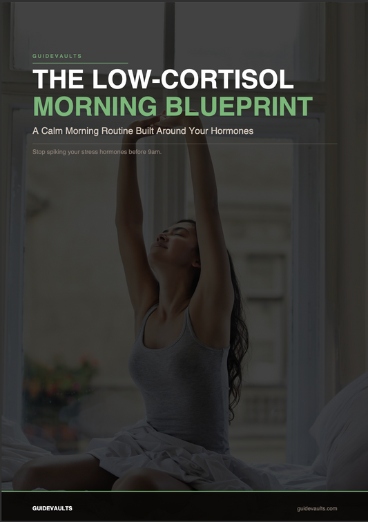 Woman stretching in bed with 'The Low-Cortisol Morning Blueprint' text overlay