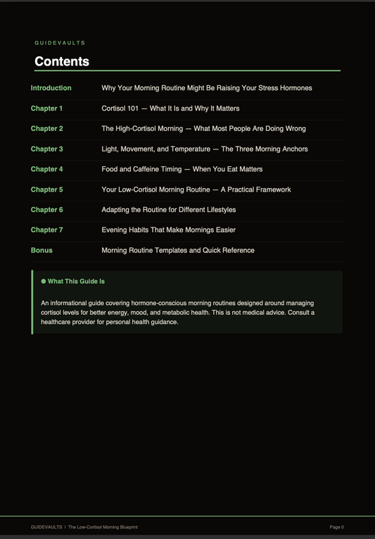 Table of contents for a guide on morning routines and stress hormones on a black background.
