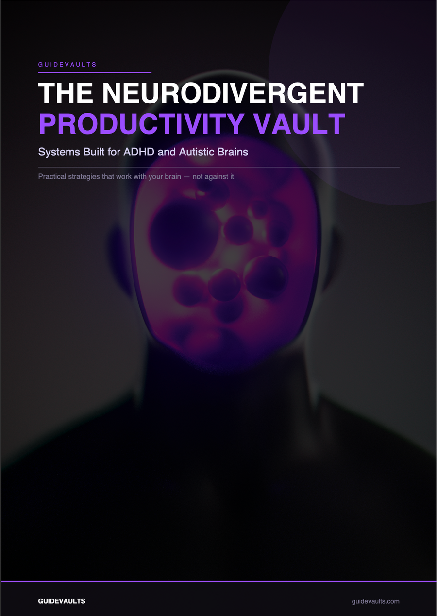 Book cover of 'The Neurodivergent Productivity Vault' with a dark background and glowing purple text.