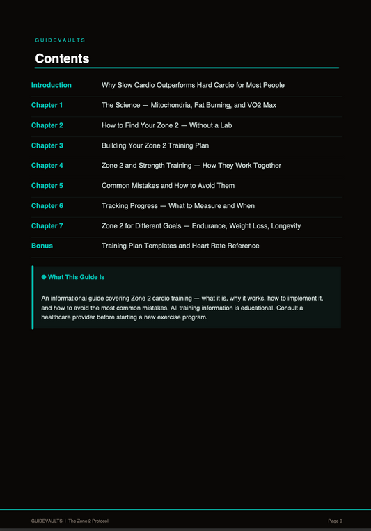 Table of contents for a guide on Zone 2 cardio training with a black background.
