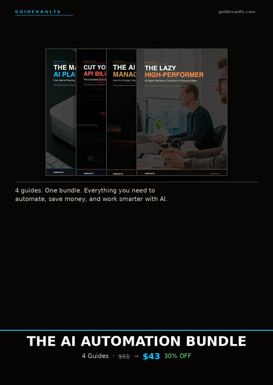 Promotional graphic for 'The AI Automation Bundle' with text and images of guides.