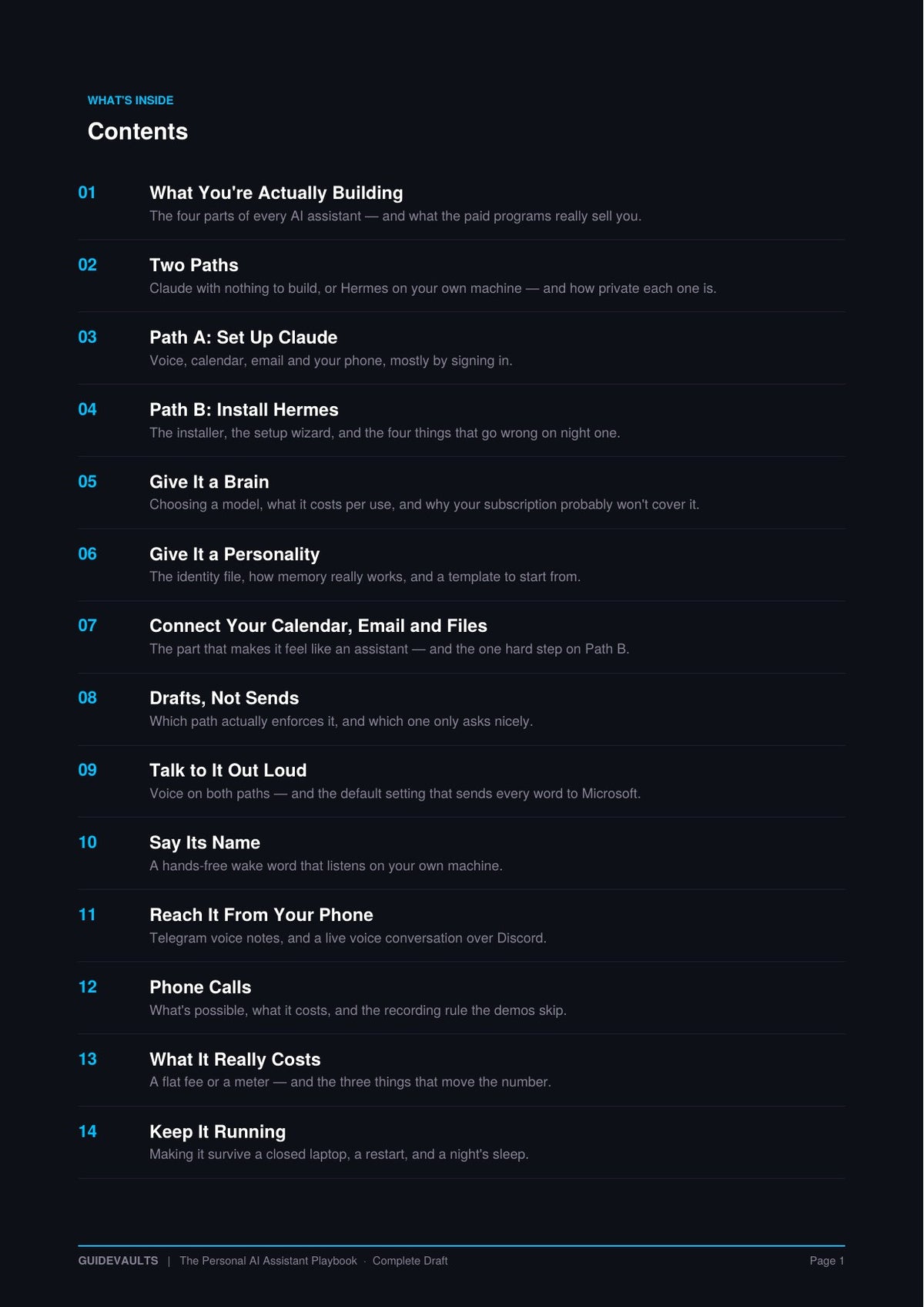 Contents page listing all 20 chapters, from setting up the assistant to running it on your own hardware.