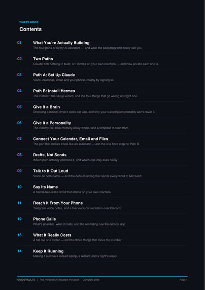 Contents page listing all 20 chapters, from setting up the assistant to running it on your own hardware.