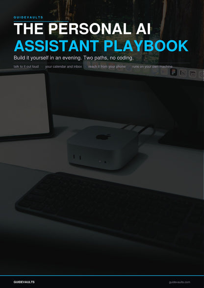 Cover of The Personal AI Assistant Playbook — a Mac Studio, keyboard and monitor on a desk at night.